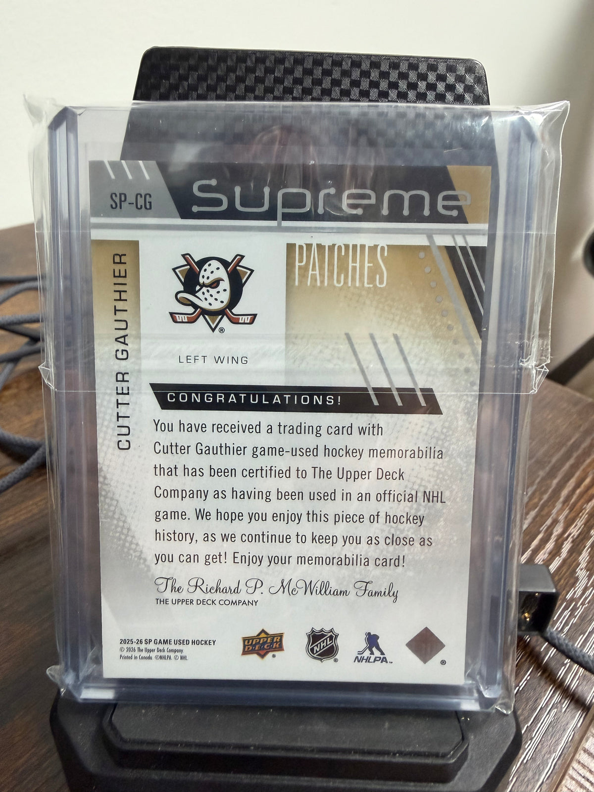 2025-26 SP game used Cutter Gauthier Supreme Patch