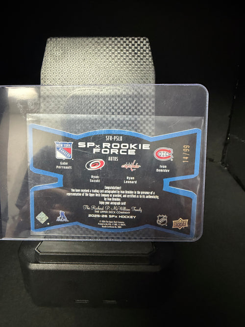 2025-26 SPx hockey SPx rookie force autos Ivan Demidov , Gabe Perreault, Ryan Leonard, Ryan Suzuki